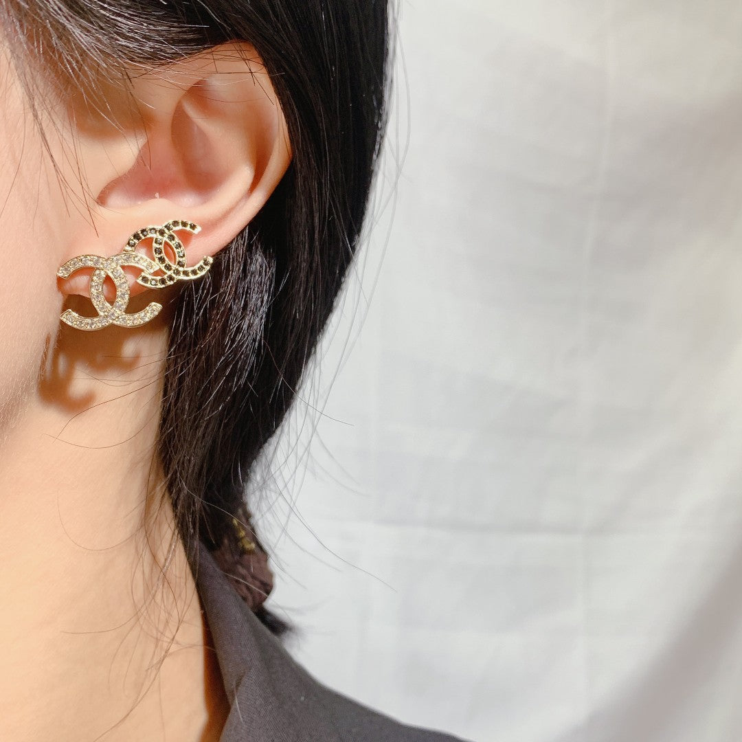 Chanel Double C Gold Stud Earrings