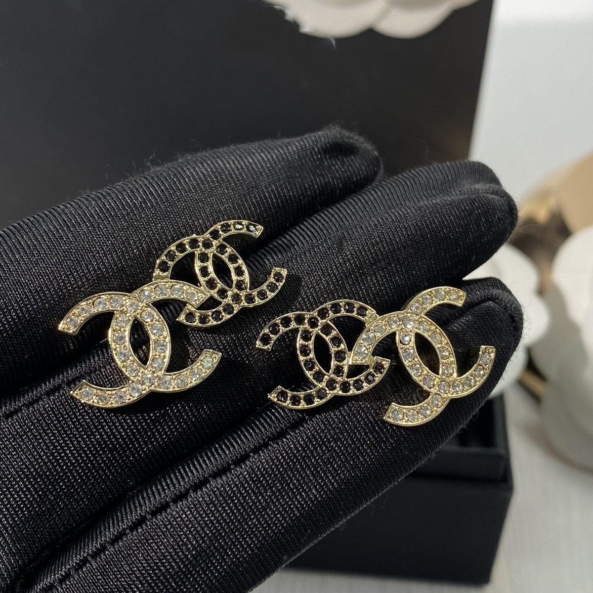 Chanel Double C Gold Stud Earrings