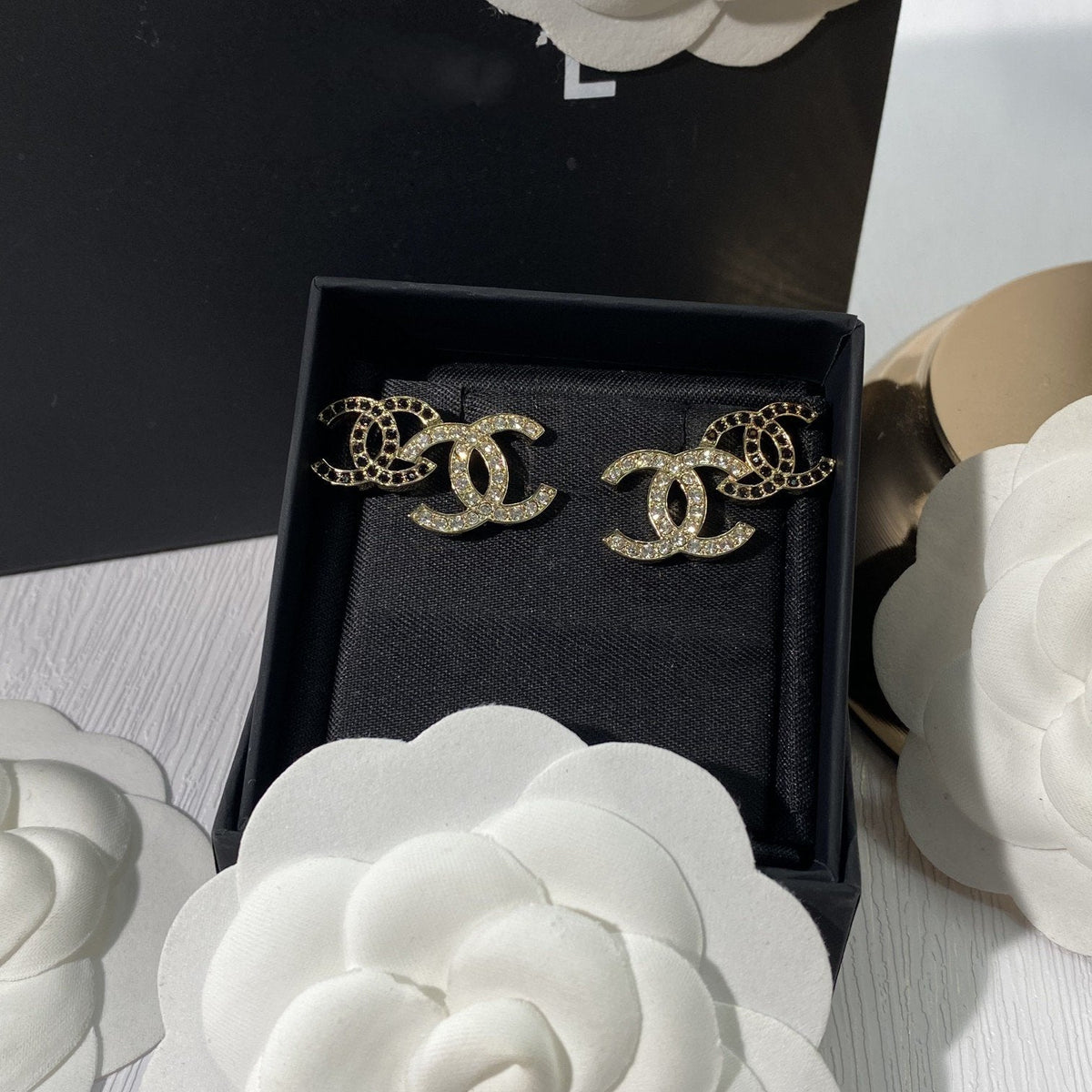 Chanel Double C Gold Stud Earrings