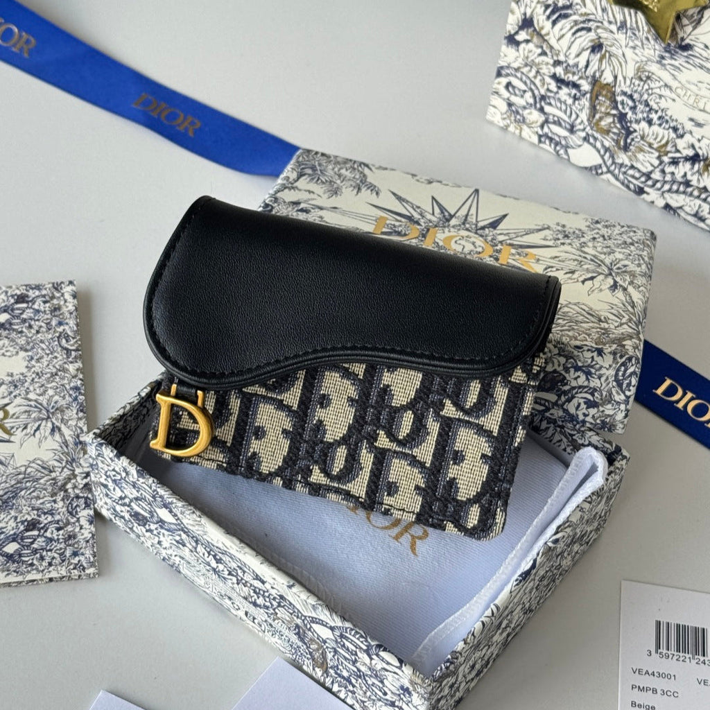 Dior 25S Saddle Jasmine Gusset Card Holder 10 in Blue Black Oblique Jacquard Canvas and Calfskin