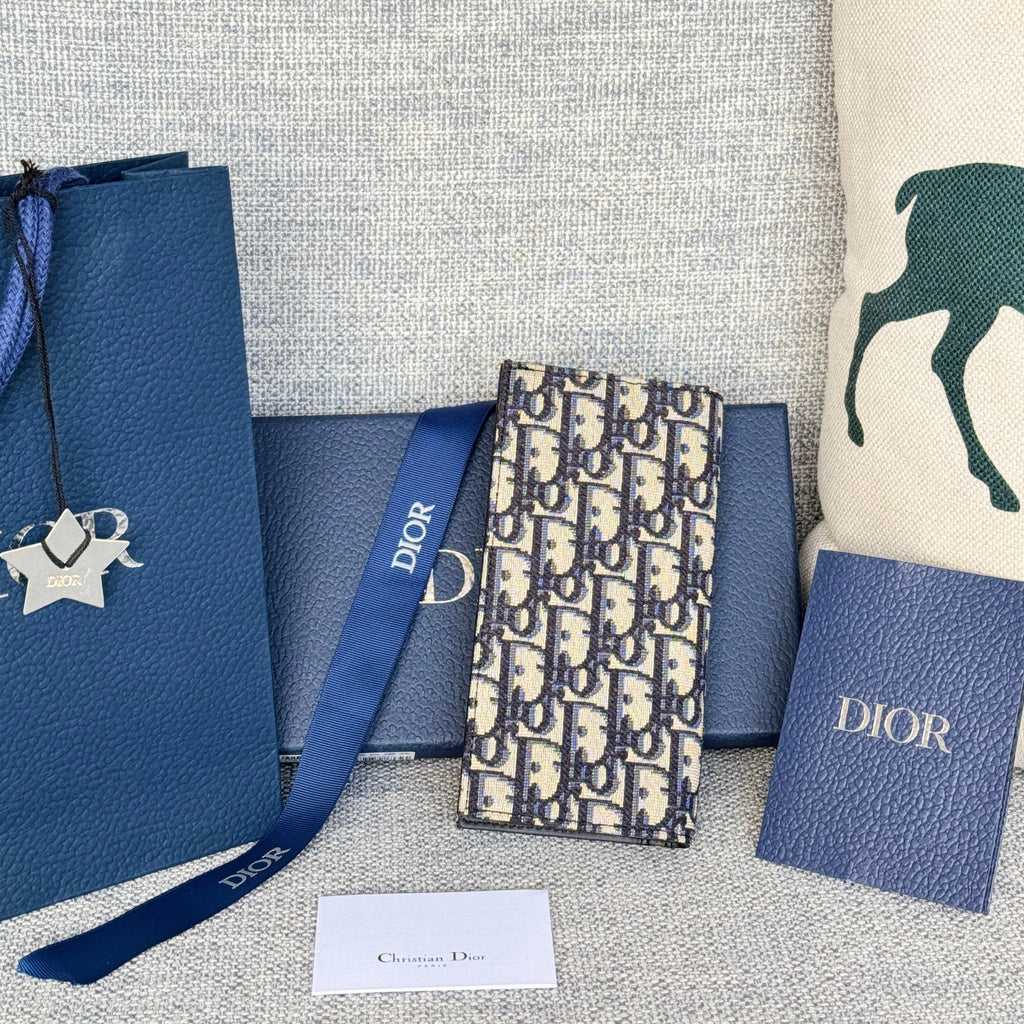 Dior Vertical Long Wallet 19 in Blue Monogram Oblique Jacquard