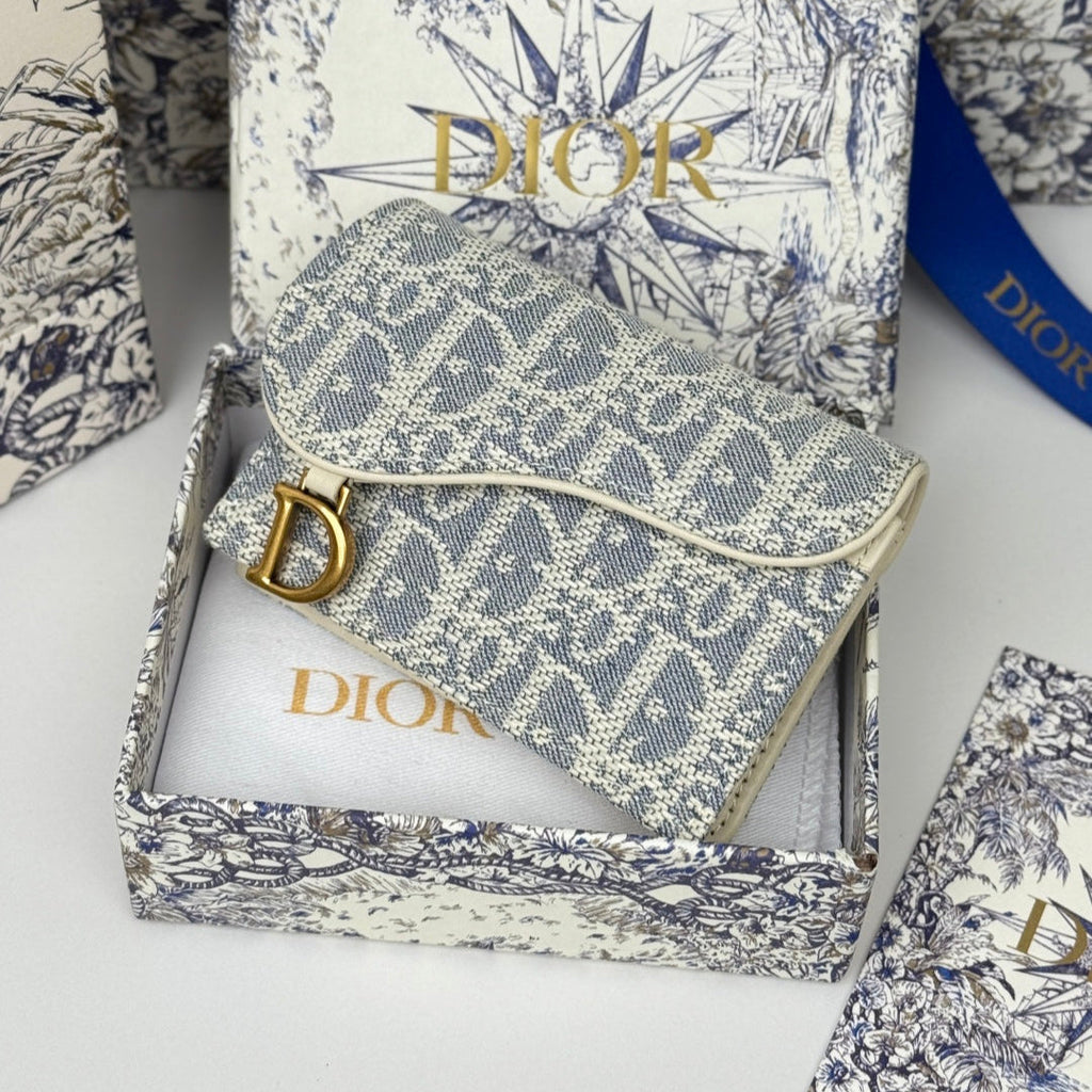 Dior 25S Saddle Jasmine Gusset Card Holder 10 in Light Blue Oblique Jacquard Canvas