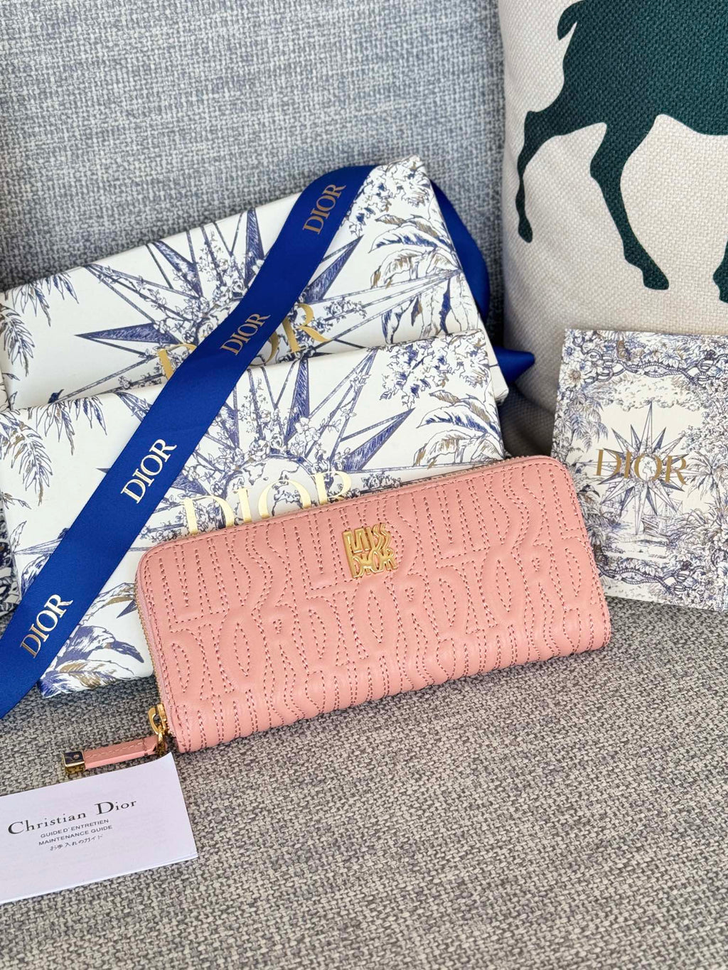 Dior Vertical Long Zip Wallet 20 in Baby Pink Quilted Allover Calfskin